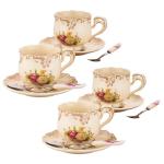 Ivory Floral Tea Cup Set with Saucers and Spoons
