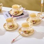 Ivory Floral Tea Cup Set with Saucers and Spoons