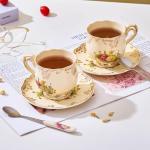 Ivory Floral Tea Cup Set with Saucers and Spoons