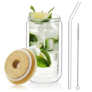 Double Wall Glass Tumbler with Bamboo Lid and Straw