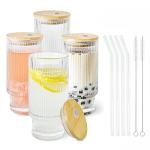 16 oz Ribbed Glass Cups Set with Lids