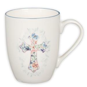 Christian Art Gifts Encouraging Ceramic Coffee & Tea Mug for Women: Pink & Light Blue Floral Cross, Cute Microwave & Dishwasher Safe Cup, Lead-free Clean Inspirational Novelty Drinkware, White, 12 oz.