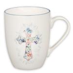 Christian Art Gifts Encouraging Ceramic Coffee & Tea Mug for Women: Pink & Light Blue Floral Cross, Cute Microwave & Dishwasher Safe Cup, Lead-free Clean Inspirational Novelty Drinkware, White, 12 oz.