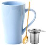 Arawat 17 OZ Light Blue Ceramic Coffee Tea Cup with Lid Strainer and Spoon Coffee Mug with Strainer Portable Large Travel Ceramic Loose Leaf Tea Infuser Mug with Lid