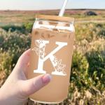 Personalized Tumbler, Monogrammed Can Glass Cups with Bamboo Lids and Straws, Customized Gifts for Women, Cute Design Initial Iced Coffee glasses, Custom Letter Mug, Birthday Bridesmaid, R
