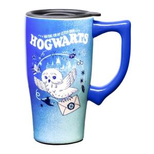 Spoontiques Hedwig Ceramic Travel Coffee Mug with Lid and Handle - Spill Proof Lid - Double Walled Mug for Hot and Cold Beverages - Microwave and Dishwasher Safe
