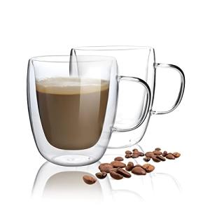 HORLIMER 15 oz Double Walled Glass Coffee Mugs Set of 2, Clear Insulated Coffee Cups with Handles for Espresso Cappuccino Latte Tea Milk