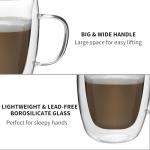 HORLIMER 15 oz Double Walled Glass Coffee Mugs Set of 2, Clear Insulated Coffee Cups with Handles for Espresso Cappuccino Latte Tea Milk