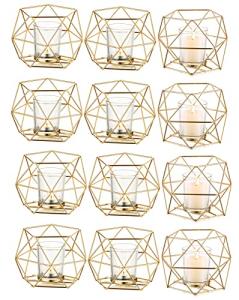 Hewory Geometric Tealight Candle Holders Gold, Modern Metal Geo Wedding Centerpieces for Table, Votive Candle Stand Accent for Tea Light for Home Shelf Mantel Christmas Birthday Party Decor, 12pcs