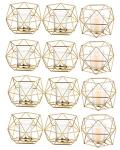 Hewory Geometric Tealight Candle Holders Gold, Modern Metal Geo Wedding Centerpieces for Table, Votive Candle Stand Accent for Tea Light for Home Shelf Mantel Christmas Birthday Party Decor, 12pcs