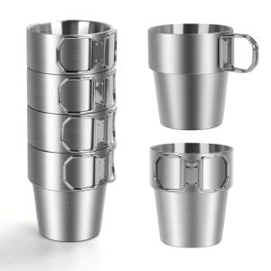 4-Pack Stainless Steel Camping Cups with Foldable Handle, 10 oz Camping Coffee Mugs with Double Wall Design, Ideal for Outdoor Activities, Travel, and Home Use