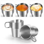 4-Pack Stainless Steel Camping Cups with Foldable Handle, 10 oz Camping Coffee Mugs with Double Wall Design, Ideal for Outdoor Activities, Travel, and Home Use