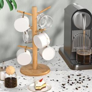 Wisuce Bamboo Coffee Mug Holder Tree, Thicker Base Coffee Cup Holder Stand for Counter, Mug Rack with 6 Hooks (Natural)