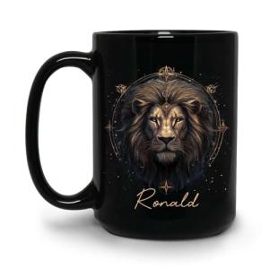 Personalized Lion Themed Coffee Mug, Black Ceramic Cup With Geometric Design, Gift For Lion Lovers, Custom Choose Name, 11oz & 15oz Zodiac-Inspired Cup