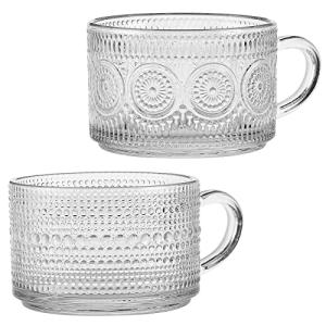 Bandesun Vintage Glass Coffee Mugs Tea Cups, 14 Oz Set of 2 - Stackable Embossed, Glassware with Handle, for Cappuccino, Latte, Cereal, Yogurt, Beverage Hot/Cold, Milk