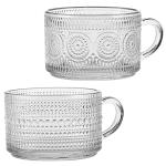 Bandesun Vintage Glass Coffee Mugs Tea Cups, 14 Oz Set of 2 - Stackable Embossed, Glassware with Handle, for Cappuccino, Latte, Cereal, Yogurt, Beverage Hot/Cold, Milk