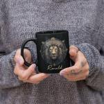 Personalized Lion Themed Coffee Mug, Black Ceramic Cup With Geometric Design, Gift For Lion Lovers, Custom Choose Name, 11oz & 15oz Zodiac-Inspired Cup