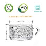 Bandesun Vintage Glass Coffee Mugs Tea Cups, 14 Oz Set of 2 - Stackable Embossed, Glassware with Handle, for Cappuccino, Latte, Cereal, Yogurt, Beverage Hot/Cold, Milk