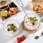 Bandesun Vintage Glass Coffee Mugs Tea Cups, 14 Oz Set of 2 - Stackable Embossed, Glassware with Handle, for Cappuccino, Latte, Cereal, Yogurt, Beverage Hot/Cold, Milk