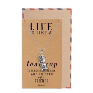 Quan Jewelry Stack of Tea Cups Pendant Necklace with Inspirational Quote, Handmade Gifts for Women