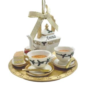 Gold Tea Set Christmas Ornament – Personalized 3D Holiday Teapot & Teacups on Tray, Collectible Christmas Tree Decoration & Gift for Tea Lovers with Custom Name