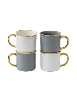 MELETĒ Stoneware Electroplated Mug Set of 4-15oz Ceramic Coffee & Tea Cups with Gold Handle - Perfect for Hot & Iced Drinks - Dishwasher Safe - Modern Chic Design - Ivory White & Gray - Ideal Gift