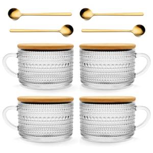 Today's Present 4pcs Vintage Glass Coffee Mugs Gifts for Women, Overnight Oats Containers With Bamboo Lids and Spoons, 14oz Clear Embossed Drinking Glass Cups, Tea Cups, Iced Coffee Glasses