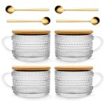 Today's Present 4pcs Vintage Glass Coffee Mugs Gifts for Women, Overnight Oats Containers With Bamboo Lids and Spoons, 14oz Clear Embossed Drinking Glass Cups, Tea Cups, Iced Coffee Glasses