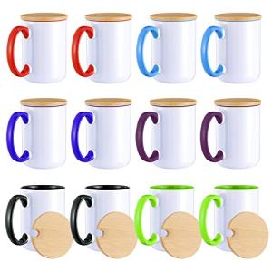 RAINBOWTIE Sublimation Mugs Set of 12, 15 oz Sublimation Coffee Mugs with Bamboo Lid, Tazas Para Sublimar, Mug Sets, Coffee Cup with Lid,6 Assorted Colors