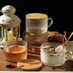 Today's Present 4pcs Vintage Glass Coffee Mugs Gifts for Women, Overnight Oats Containers With Bamboo Lids and Spoons, 14oz Clear Embossed Drinking Glass Cups, Tea Cups, Iced Coffee Glasses