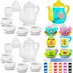 PullCrease 45 Pcs Porcelain Mini Tea Cup Set Including Porcelain Dishes Brush Children Ceramic Play DIY Craftfor Kids Girls 6-8 and up Party Birthday Gift Baby Shower Wedding Supplies(Cute Style)