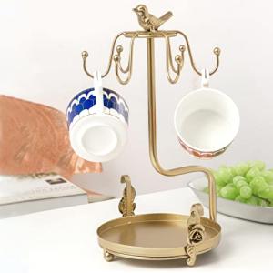 LWXPAIYY Coffee Mug Tree Holder Countertop,Tea Cup Mug Holders with Small Storage Area for Counter, Metal Coffee TeaCups Stand Storage Rack Holder for Counter Top 6 Hooks(Gold)