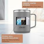 The Clean Hydration Company Coffee Cup Travel Mug Insulated - 12 Oz | Ceramic Lined Tumbler Cup with Lid | Reusable Office Mug | Double Wall Vacuum Eco-Friendly, BPA-Free (Gray)