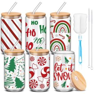 RimCereal 6 Pcs Christmas Glass Cups with Bamboo Lids and Straws 16 oz Gingerbread Candy Cane Snowflake Iced Coffee Mugs Bulk Holiday Glass Tumblers Christmas Stuff for Women Men Party Office Gifts