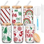 RimCereal 6 Pcs Christmas Glass Cups with Bamboo Lids and Straws 16 oz Gingerbread Candy Cane Snowflake Iced Coffee Mugs Bulk Holiday Glass Tumblers Christmas Stuff for Women Men Party Office Gifts