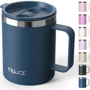 TILUCK 12 oz Insulated Coffee Mug with Lid,Stainless Steel Travel Mug Cup with Handle for Hot or Cold Drinks(DarkBlue, 12oz)