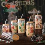 RimCereal 6 Pcs Christmas Glass Cups with Bamboo Lids and Straws 16 oz Gingerbread Candy Cane Snowflake Iced Coffee Mugs Bulk Holiday Glass Tumblers Christmas Stuff for Women Men Party Office Gifts