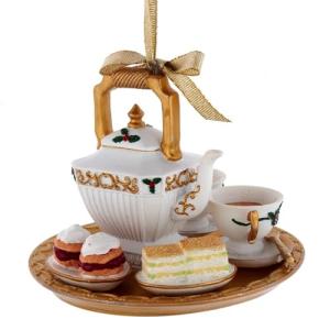 Holiday Tea Set Christmas Ornament – Formal British High Tea 3D Holiday Teapot & Teacups on Tray, Collectible Tree Decoration & Gift for Tea Lovers (Golden Christmas)