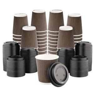 [600 SET]Harvest Pack 8 oz Disposable Coffee Cups, Insulated Ripple Double-Walled Paper Cup with Lid, Brown Geometric, Tea Hot Chocolate Drinks To go coffee cups