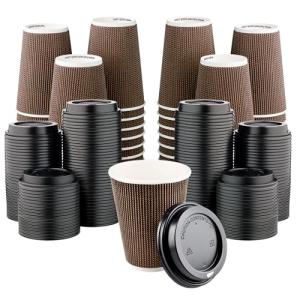 [400 SET]Harvest Pack 12 oz Disposable Coffee Cups, Insulated Ripple Double-Walled Paper Cup with Lid, Brown Geometric, Tea Hot Chocolate Drinks To go coffee cups