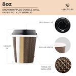 [600 SET]Harvest Pack 8 oz Disposable Coffee Cups, Insulated Ripple Double-Walled Paper Cup with Lid, Brown Geometric, Tea Hot Chocolate Drinks To go coffee cups