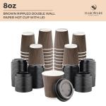 [600 SET]Harvest Pack 8 oz Disposable Coffee Cups, Insulated Ripple Double-Walled Paper Cup with Lid, Brown Geometric, Tea Hot Chocolate Drinks To go coffee cups