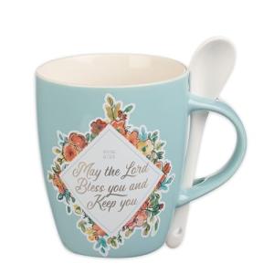 Christian Art Gifts Scripture Coffee and Tea Mug with Ceramic Spoon Set for Women: May the Lord Bless You - Numbers 6:24 Inspirational Bible Verse Hot & Cold Beverages, Light Teal/White Floral, 12 oz.