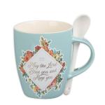 Christian Art Gifts Scripture Coffee and Tea Mug with Ceramic Spoon Set for Women: May the Lord Bless You - Numbers 6:24 Inspirational Bible Verse Hot & Cold Beverages, Light Teal/White Floral, 12 oz.