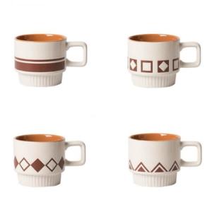 XingXingShunShun Stackable Coffee Mugs Set, Ceramic Espresso Cups for Au Lait, Cappuccino,Latte,Cafe,Mocha,Tea, Geometric Pattern Cups Suit For Housewarming Wedding- 11 oz, Set of 4, Beige&Brown