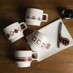 XingXingShunShun Stackable Coffee Mugs Set, Ceramic Espresso Cups for Au Lait, Cappuccino,Latte,Cafe,Mocha,Tea, Geometric Pattern Cups Suit For Housewarming Wedding- 11 oz, Set of 4, Beige&Brown