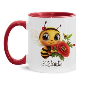 Custom Name Coffee Mug 11oz 15oz, Cute Bee with Poppy Flower Cup, Personalized Adorable Insect Accent Mug, Nature Inspired Ceramic Cup, Gifts for Women