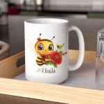 Custom Name Coffee Mug 11oz 15oz, Cute Bee with Poppy Flower Cup, Personalized Adorable Insect Accent Mug, Nature Inspired Ceramic Cup, Gifts for Women