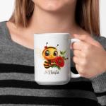 Custom Name Coffee Mug 11oz 15oz, Cute Bee with Poppy Flower Cup, Personalized Adorable Insect Accent Mug, Nature Inspired Ceramic Cup, Gifts for Women