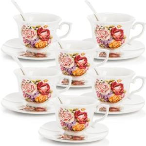 Pumtus Tea Cups and Saucers Set of 6, 8 OZ Floral Ceramic Coffee Cup Set with Spoon, Vintage Rose British Teacups with Gold Trim, Cappuccino Mug for Latte Espresso for Tea Party, Cafe